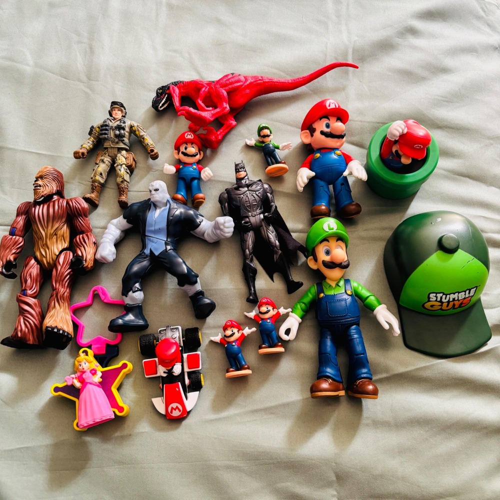 Mixed Action Figure Toy Lot Mario Luigi Batman Chewbacca Raptor Stumble Guys
